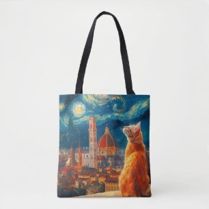 Starry Night Over Florence Ginger Cat Art Tote Bag