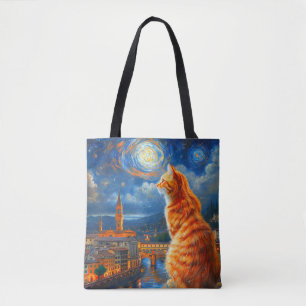 Starry Night Over Florence   Ginger Cat Art Tote Bag