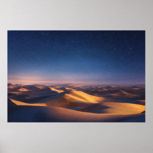 Starry Night Over Golden Desert Dunes Landscape Poster