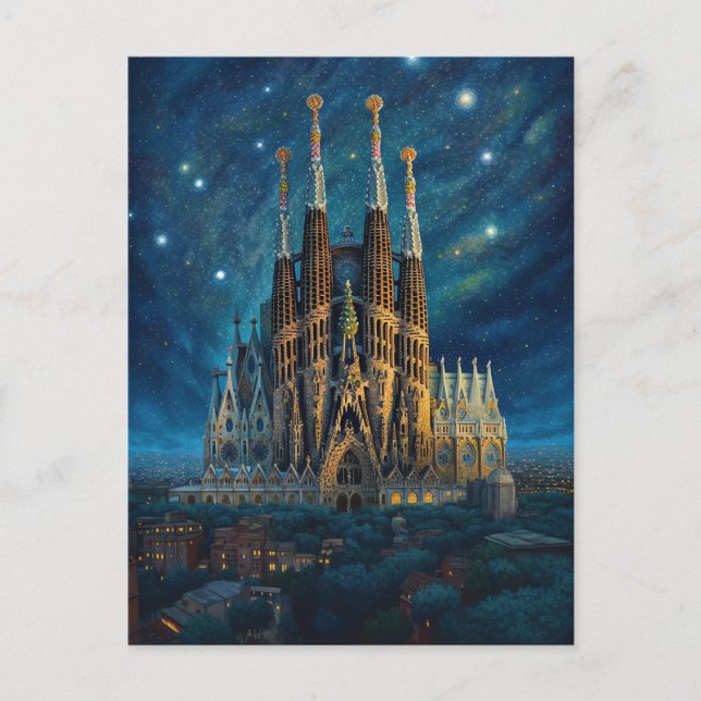 Starry Night Over Sagrada Familia Barcelona Postcard (Front)