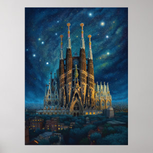 Starry Night Over Sagrada Familia Barcelona Poster
