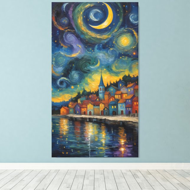 Starry Night Over the Harbour Village Canvas Print (Insitu(Wood Floor))