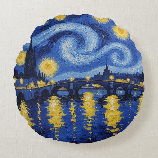 Starry night over the river round cushion (Front)