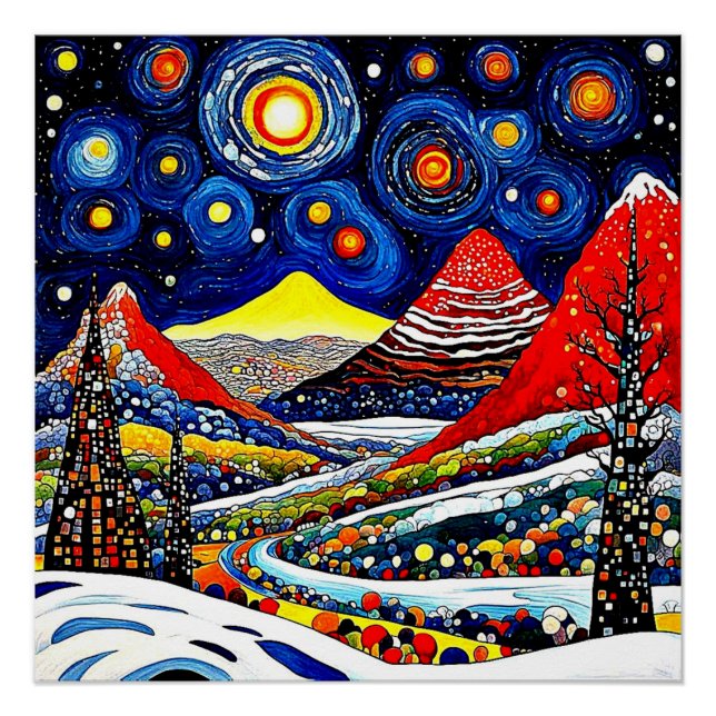 Starry night over winter landscape poster (Front)