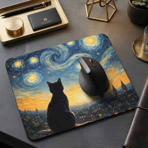 Starry Night Overlook Black Cat & Twinkling Town  Mouse Mat