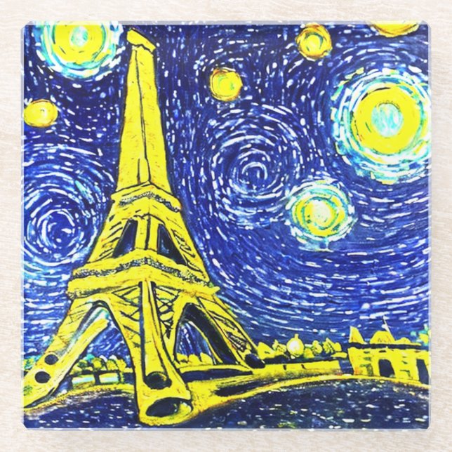 Starry Night Paris France Glass Coaster (Front)
