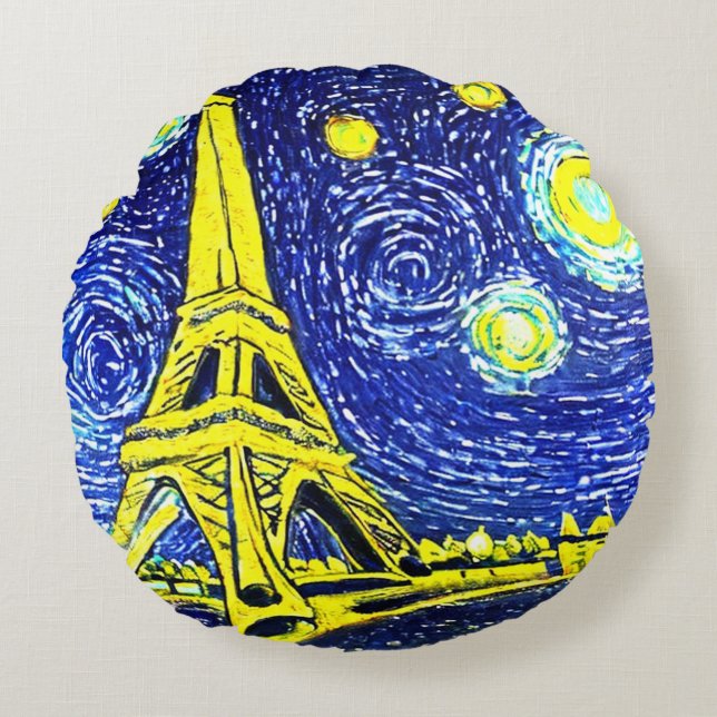 Starry Night Paris France Round Cushion (Front)