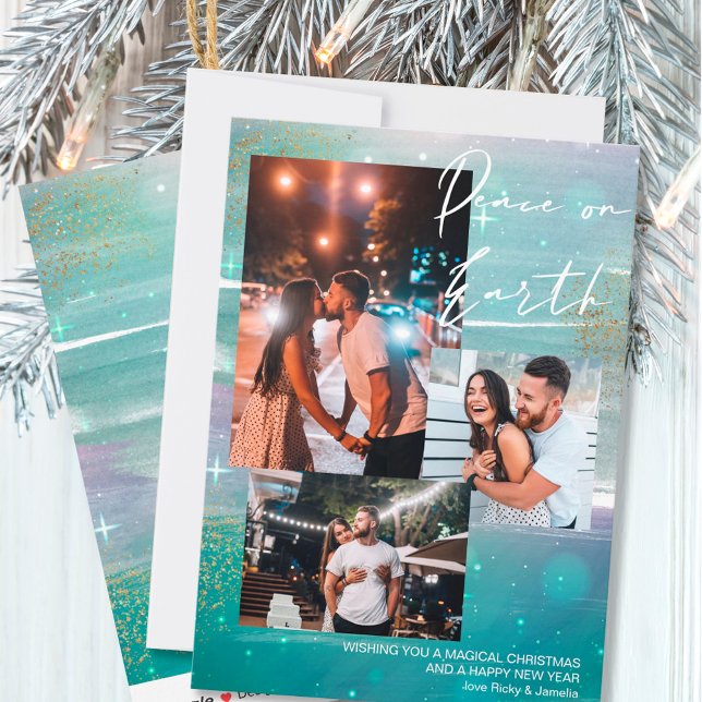 Starry Night Peace on Earth 3 Photo Collage Green Holiday Card (Creator Uploaded)
