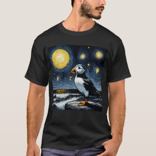 Starry Night Puffin Bird Beak Coastal Van Gogh T-Shirt