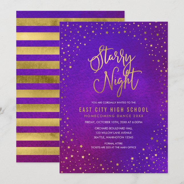 Starry Night Purp Watercolor Faux Gold Scool Dance Invitation (Front/Back)