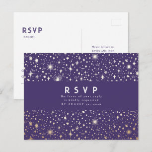 Starry Night Purple and Gold Wedding RSVP Postcard