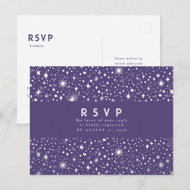 Starry Night Purple and Silver Wedding RSVP Postcard (Front/Back)