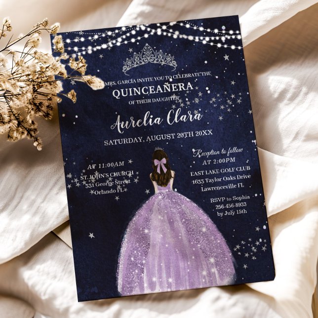 Starry Night Purple Lilac Dress Silver Quinceañera Invitation (starry night quinceanera invitation printed cards digital download princess purple lilac dress )