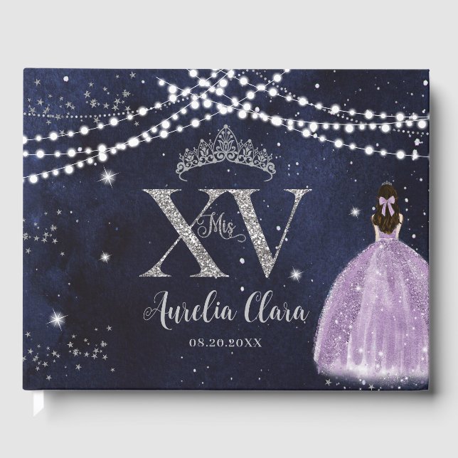 Starry Night Purple Lilac Quinceañera Birthday Guest Book (Front)