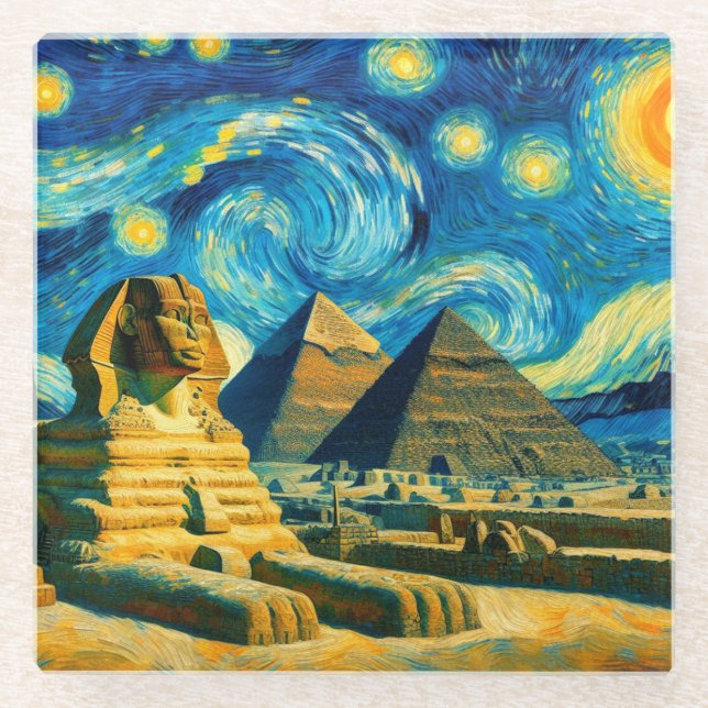 Starry Night Pyramids Sphinx Egypt Glass Coaster (Front)