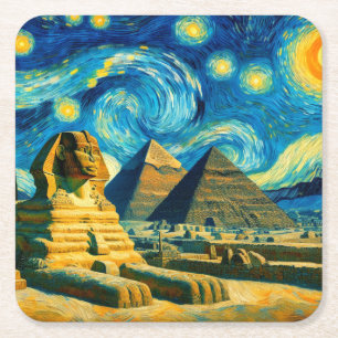 Starry Night Pyramids Sphinx Egypt Square Paper Coaster