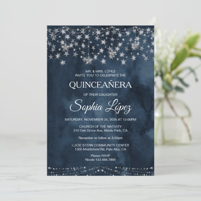 Starry Night Quinceanera Blue Under the Stars  Invitation (Standing Front)