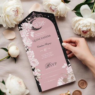 Starry Night Quinceanera Floral Celestial Moon All In One Invitation