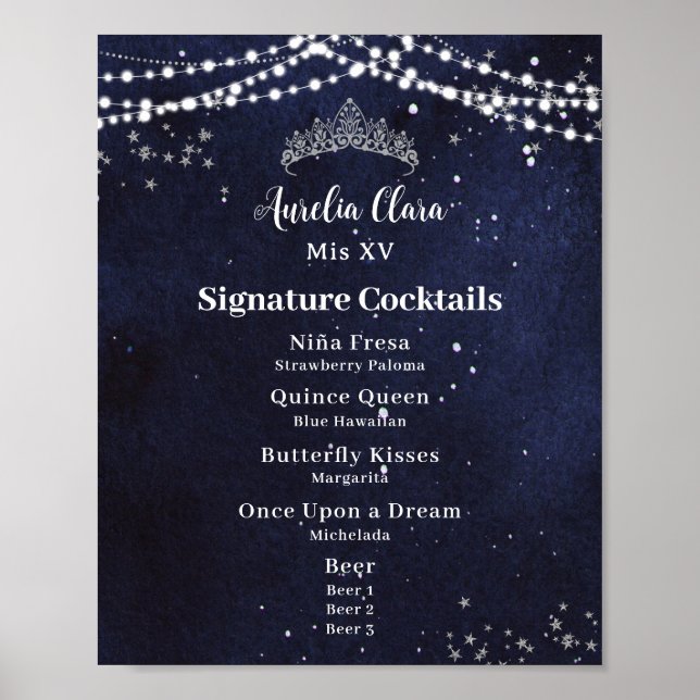 Starry Night Quinceanera Sweet 16 Bar Drink Menu Poster (Front)