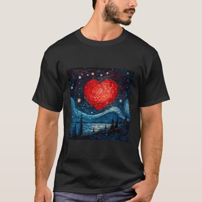 Starry Night Red Love Heart Design T-Shirt (Front)