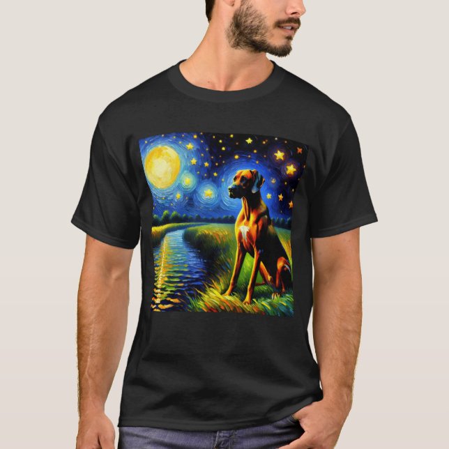 Starry Night Rhodesian Ridgeback Dog Van Gogh T-Shirt (Front)