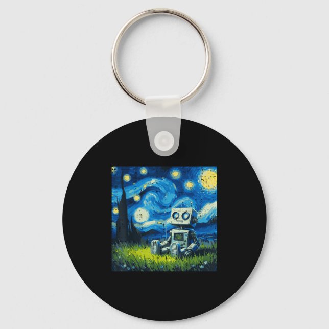 Starry Night Robot Funny Painting Art Meme Kids Me Key Ring (Front)