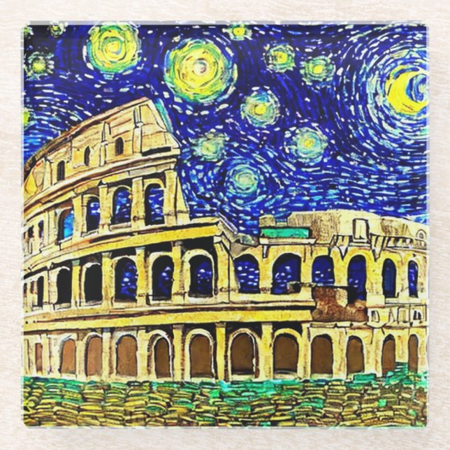 Starry Night Rome Italy Glass Coaster (Front)
