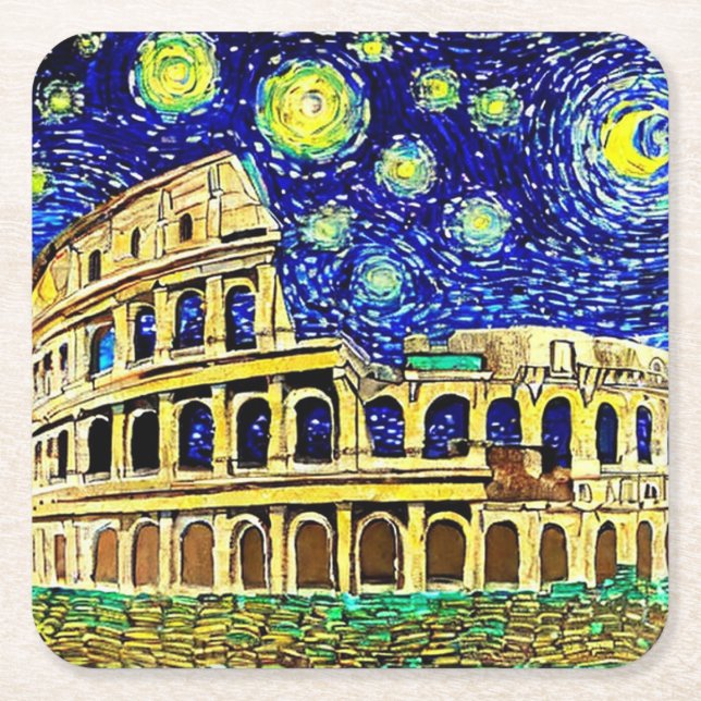Starry Night Rome Italy Square Paper Coaster (Front)