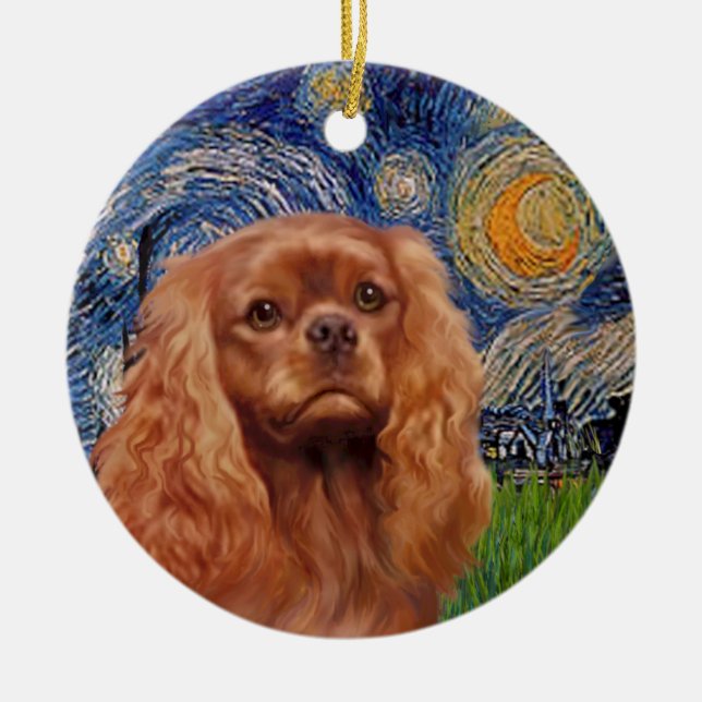Starry Night - Ruby Cavalier King Charles Ceramic Tree Decoration (Front)