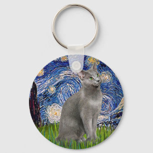 Starry Night - Russian Blue cat Key Ring