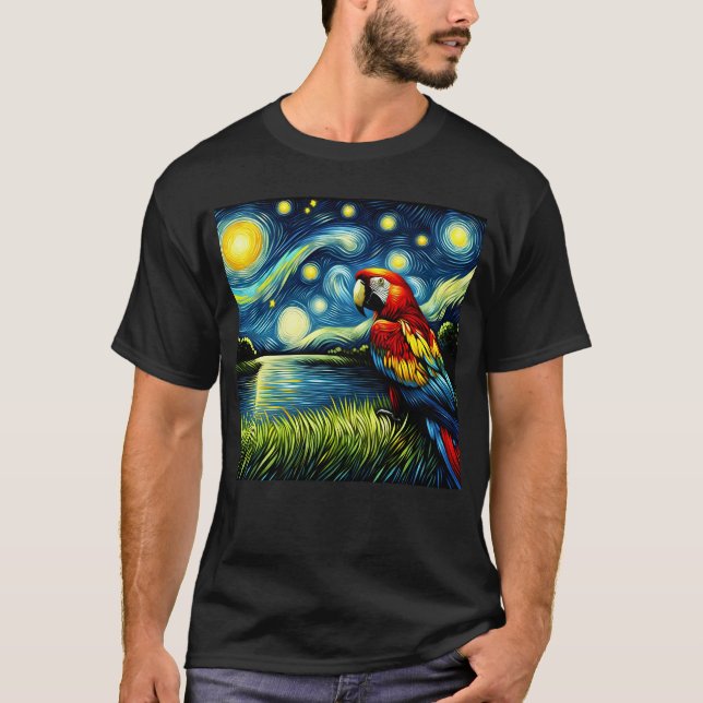 Starry Night Scarlet Macaw Parrot Van Gogh Bird T-Shirt (Front)