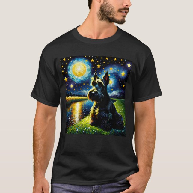 Starry Night Scottish Terrier Dog Van Gogh Lover T-Shirt (Front)