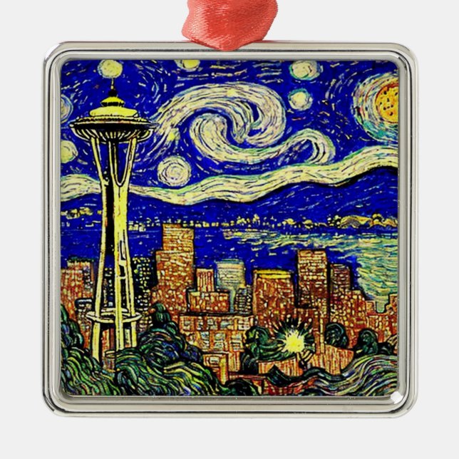 Starry Night Seattle Washington Metal Tree Decoration (Front)