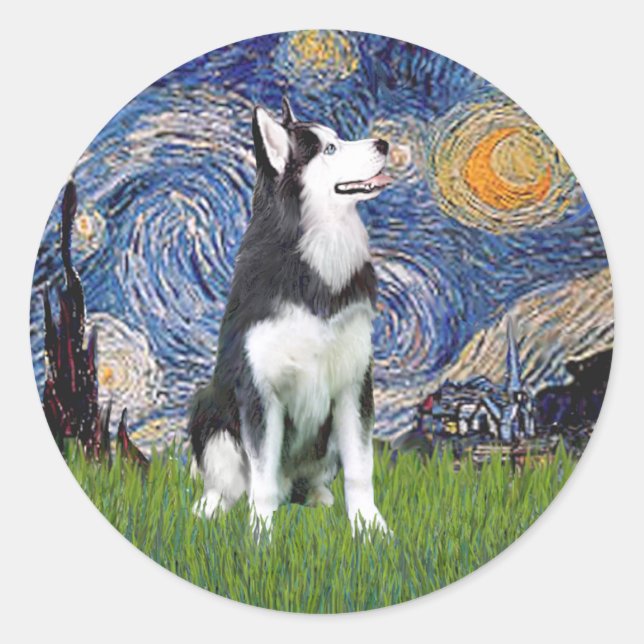 Starry Night - Siberian Husky #1 Classic Round Sticker (Front)