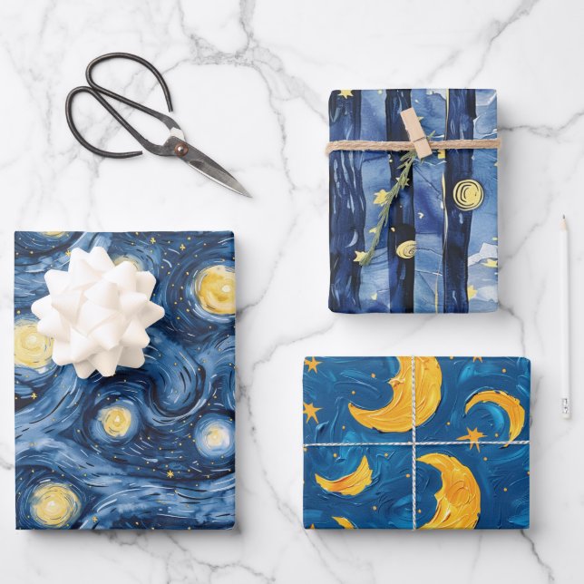Starry Night Skies Moons Stripes Wrapping Paper Sheet (Front)