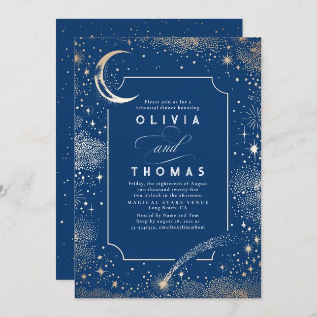 Starry Night Sky Crescent Moon Rehearsal Dinner Invitation (Front/Back)