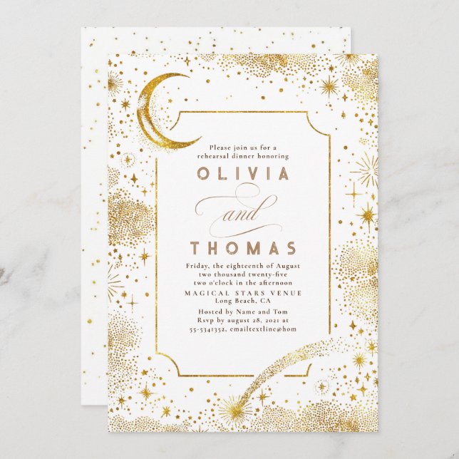 Starry Night Sky Crescent Moon Rehearsal Dinner Invitation (Front/Back)
