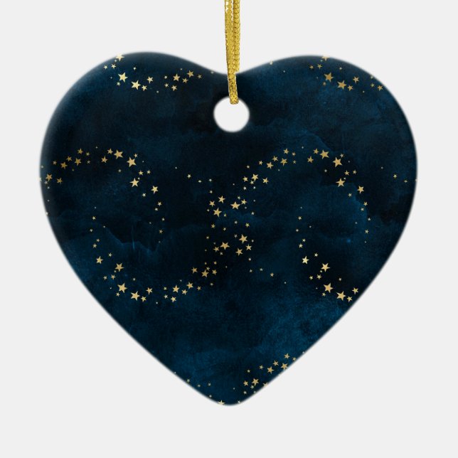 Starry Night Sky Dark Blue Golden Stars Spiral Ceramic Tree Decoration (Front)