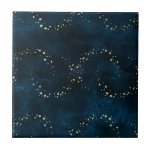 Starry Night Sky Dark Blue Golden Stars Spiral Tile