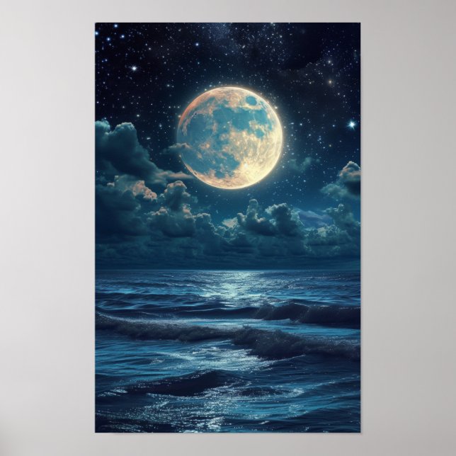 Starry Night Sky Full Moon Sea Realistic Art Poste Poster (Front)