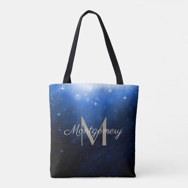 Starry Night Sky, Gold Vine Flowers Monogram/Name Tote Bag (Back)