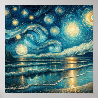 Starry Night Sky Over Calm Ocean Poster