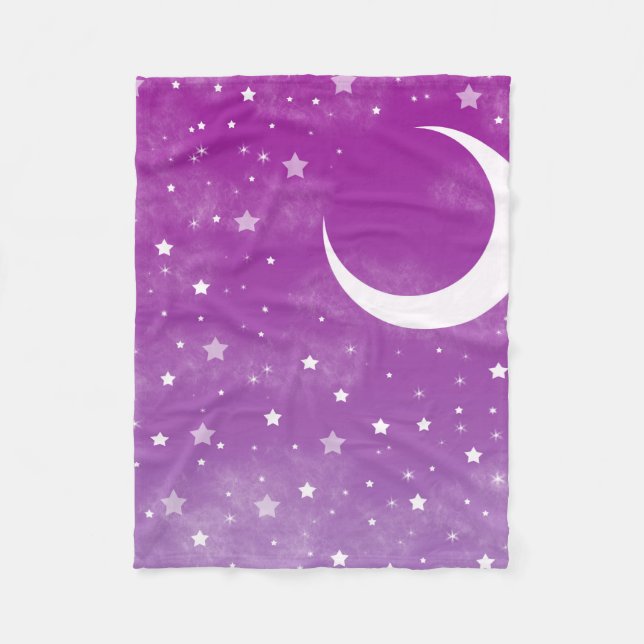 Starry Night Sky Purple Moon and Stars Fleece Blanket (Front)