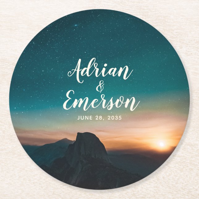Starry Night Sky Sunset Mountain Wedding Modern Round Paper Coaster (Front)