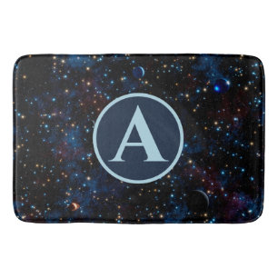 Starry night sky with stars and planets bath mat