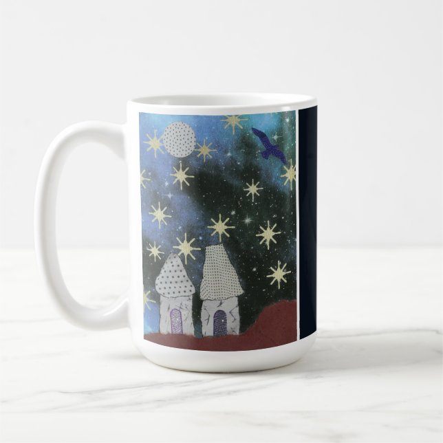 Starry Night Sky with Tiny Houses and Full Moon Coffee Mug (Left)
