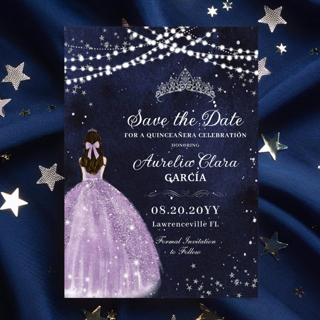 Starry Night Star Purple Quinceañera Save the Date (starry nights under the stars purple lilac dress princess silver quinceanera sweet 16 save the date )