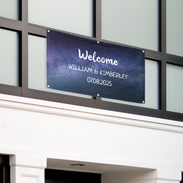 Starry Night Stars Sky Galaxy Wedding Navy Blue Banner (Outside Building)