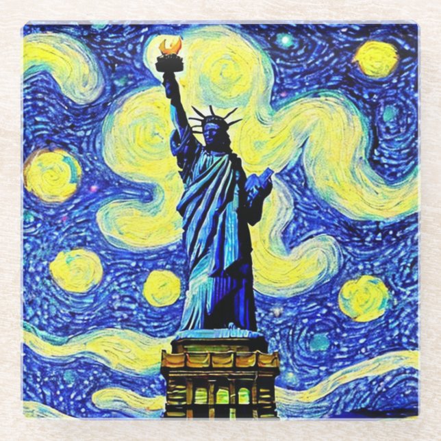 Starry Night Statue Of Liberty New York Glass Coaster (Front)