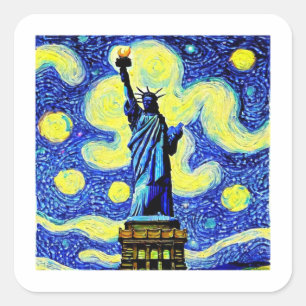 Starry Night Statue Of Liberty New York Square Sticker